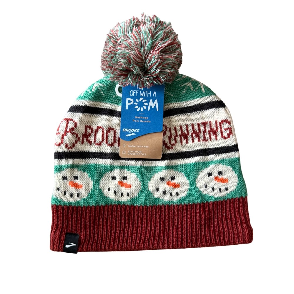 New Brooks Unisex Holiday Run Merry Pom Pom Beanie Snowman Knit Ski Warm Cozy